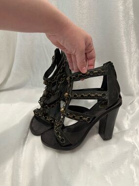 Vintage Black Chain-Embellished High Heel Sandals